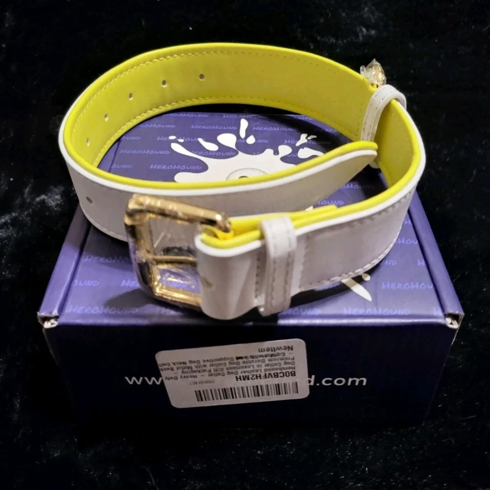 Herohound Leather Dog Collar medium White Yellow NWT